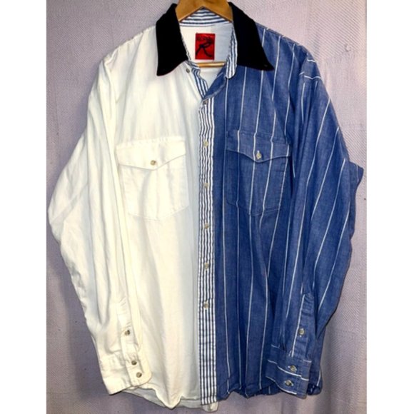 Vintage 80s 90s Roper White & Blue Split Striped Western Shirt Size XL - Picture 1 of 4